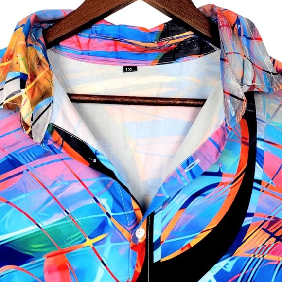 Mens 1XL Button-Up Short-Sleeve Vibrant Music Note Multicolor Abstract Print - Picture 3 of 12
